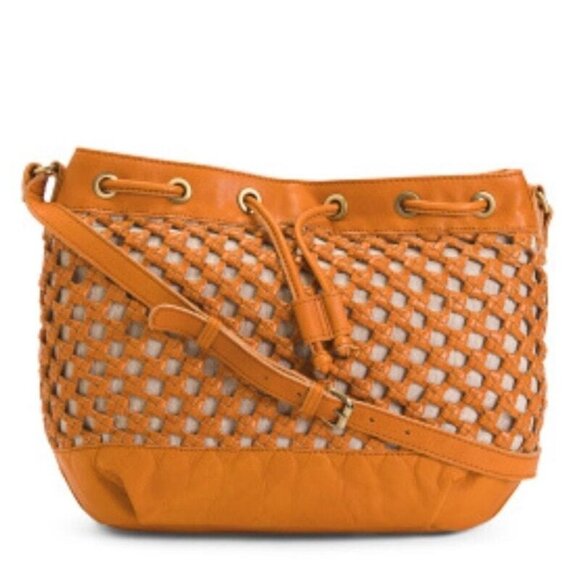 Martha Ponti Lattice Congac Leather Crossbody Bucket Handbag Purse Boho Hippie - Picture 1 of 11